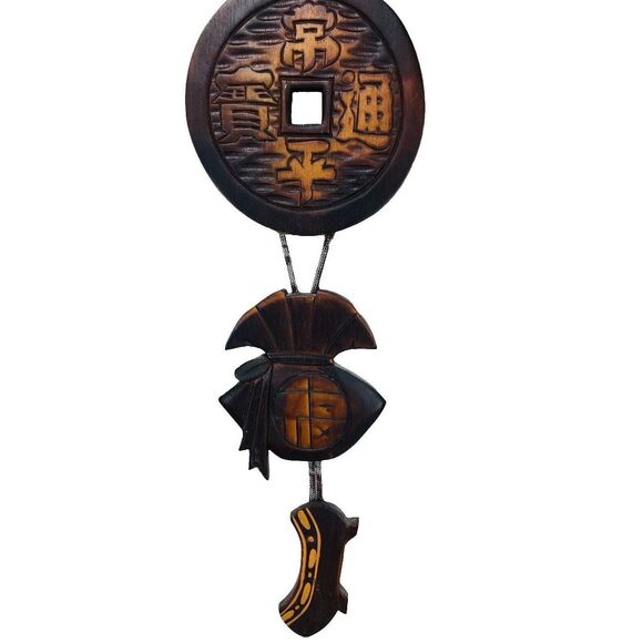 Vintage MCM Wood Asian Kiser Pipe Lucky Chinese Coin Money Bag Geta Wall Hanging - Picture 5 of 16